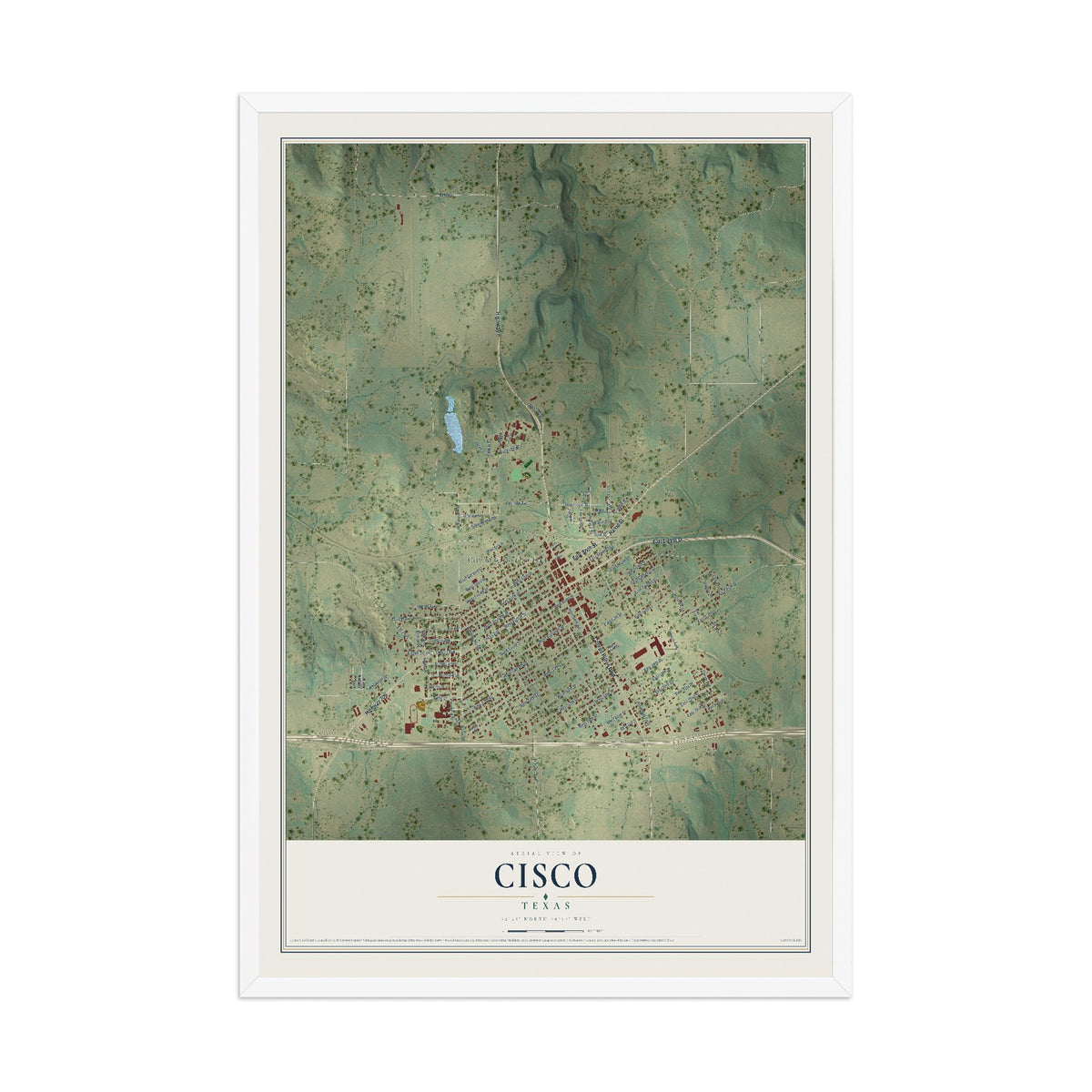 Map of Cisco, Texas, 12 x 18 inch print in a white wood frame