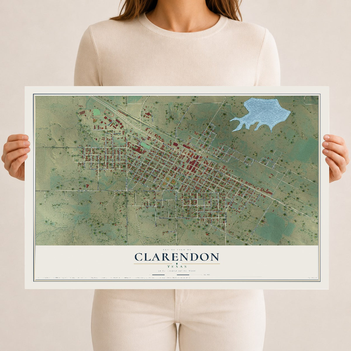 Map of Clarendon, Texas, 12 x 18 inch unframed archival matte print