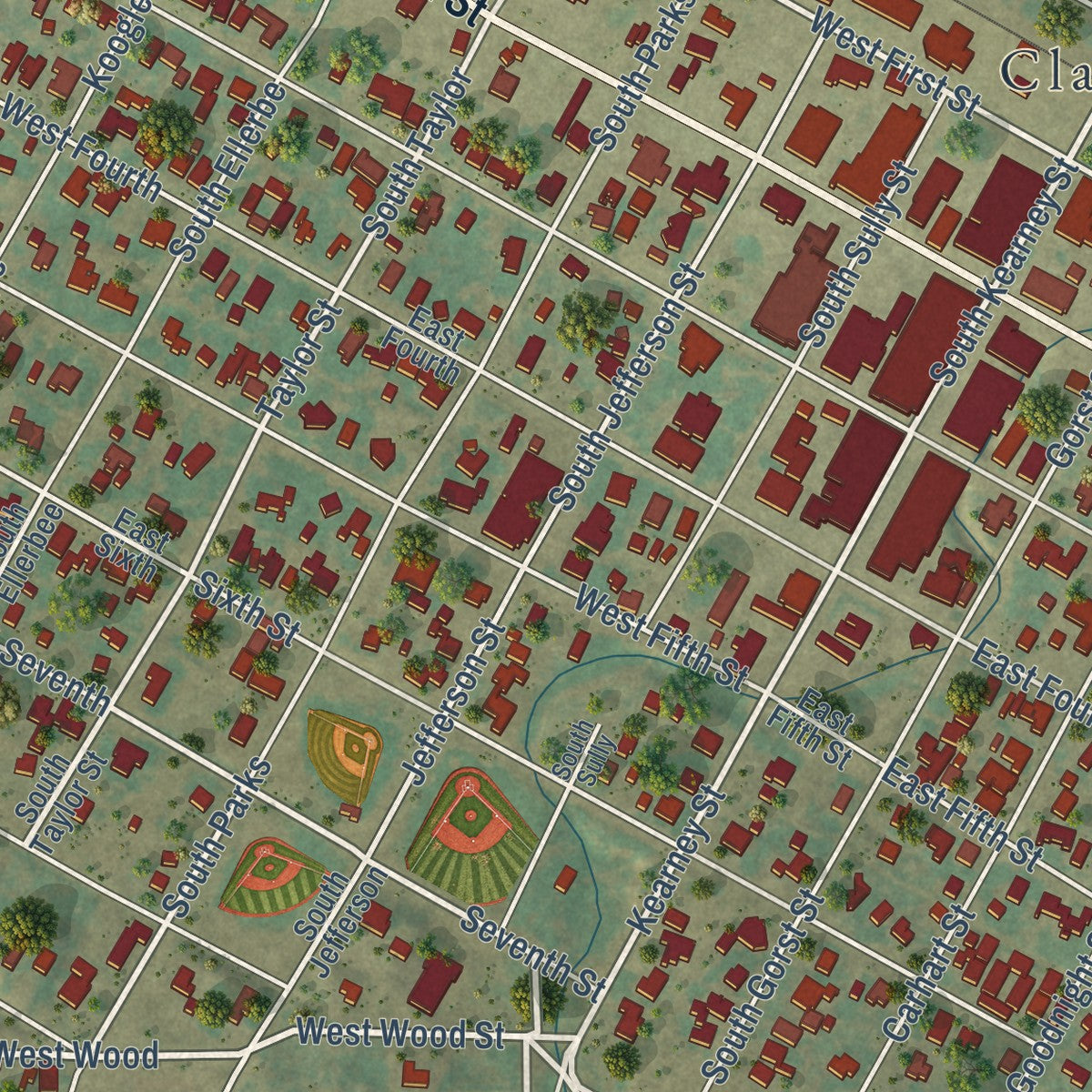 Close-up of the map of Clarendon, Texas print showing street and building detail