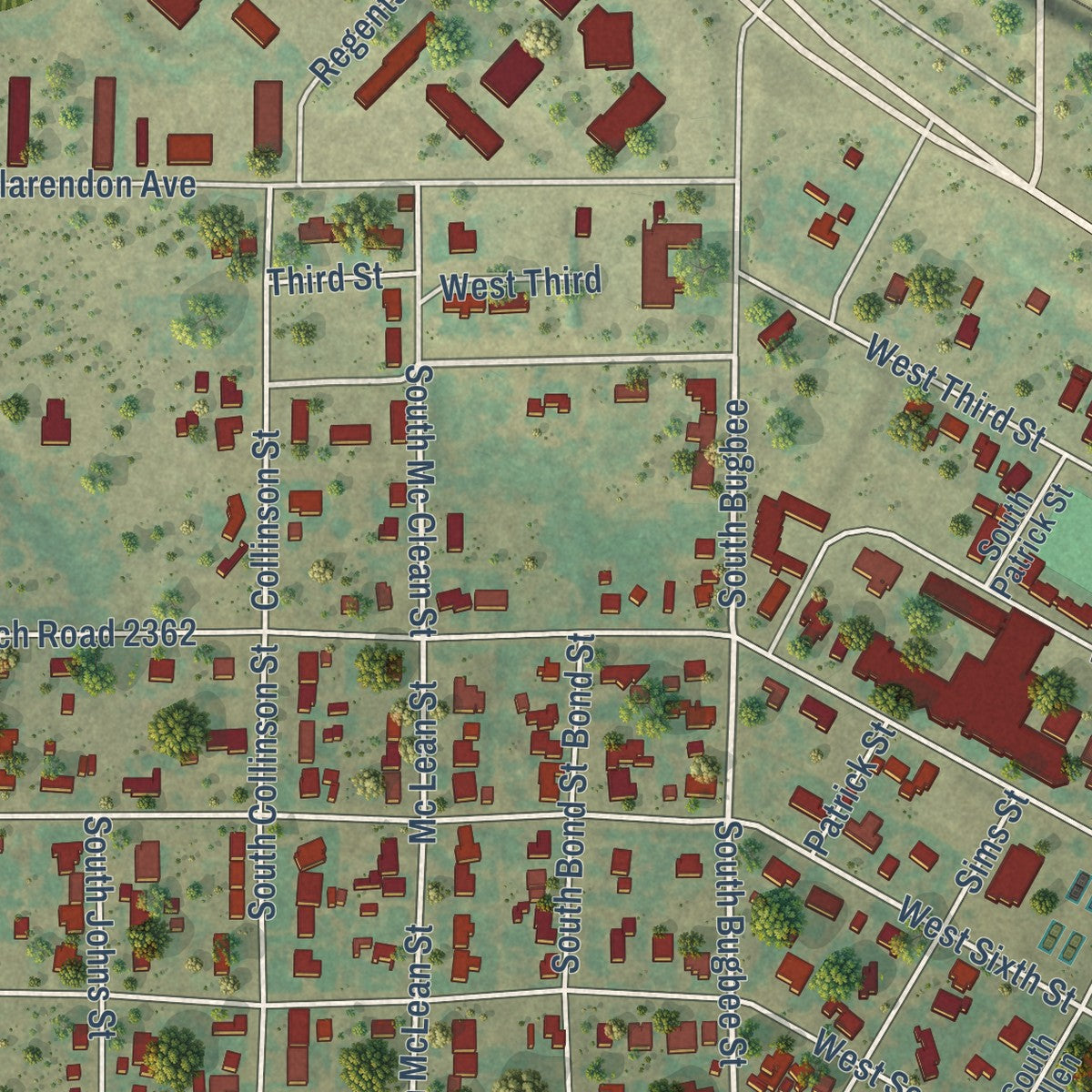 Second close-up of the map of Clarendon, Texas print showing more streets and buildings