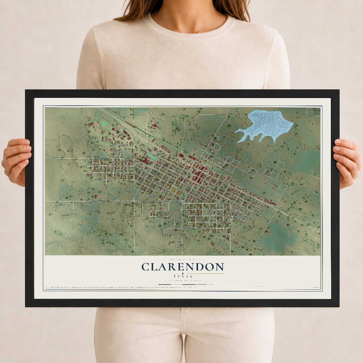 Map of Clarendon, Texas, 12 x 18 inch print in a black wood frame
