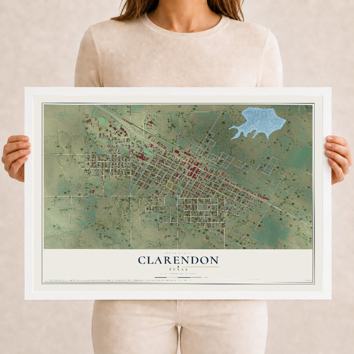 Map of Clarendon, Texas, 12 x 18 inch print in a white wood frame