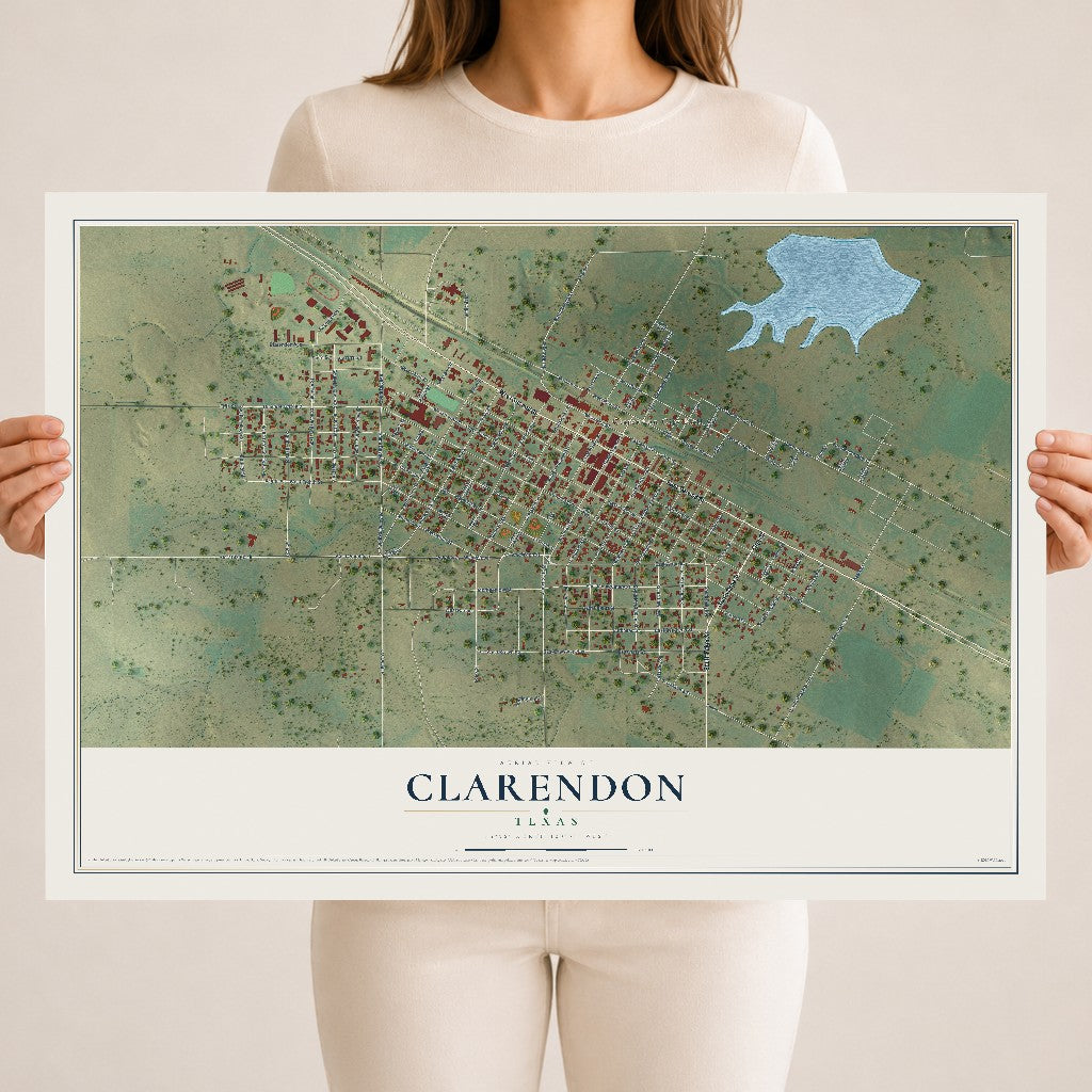 Map of Clarendon, Texas, 18 x 24 inch unframed archival matte print
