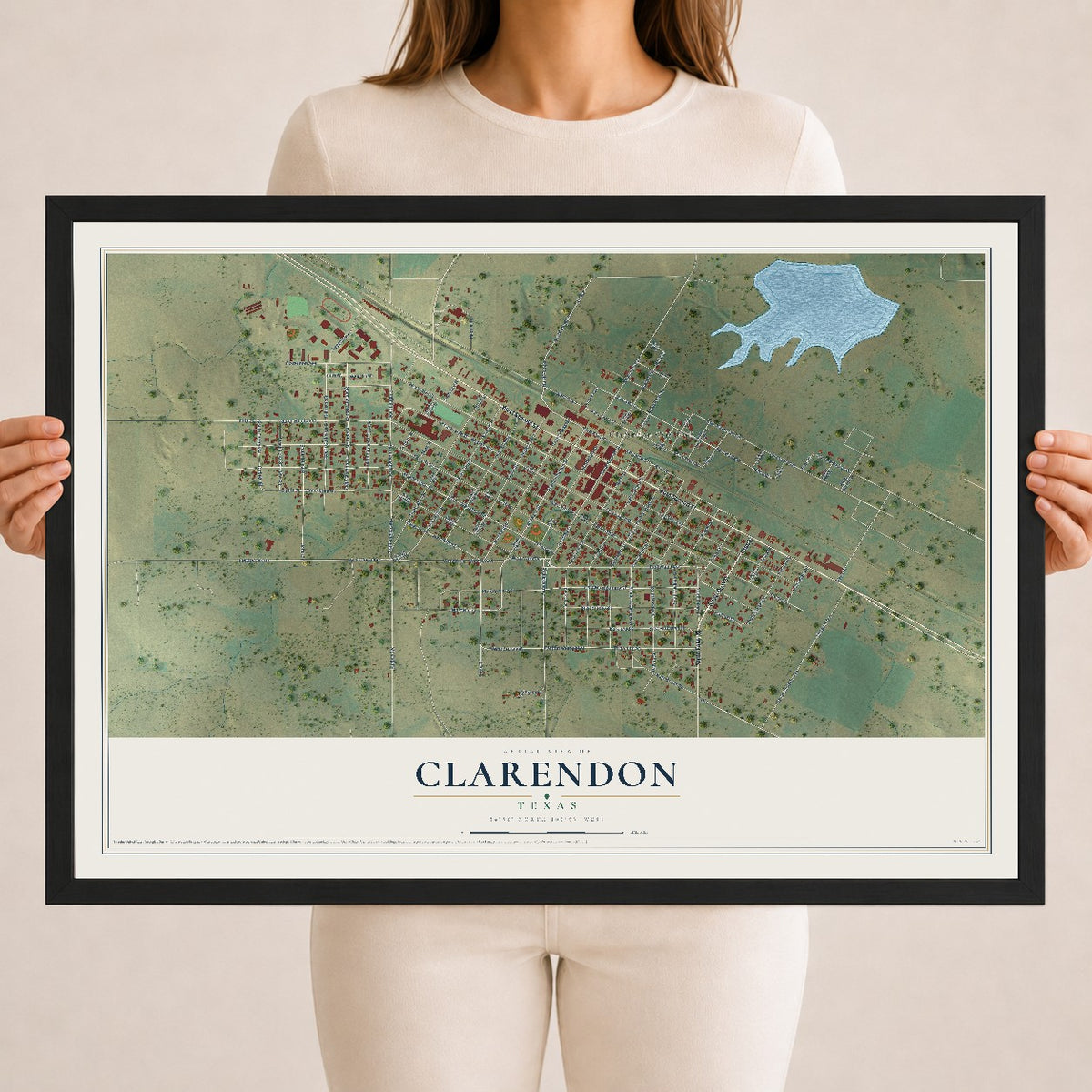 Map of Clarendon, Texas, 18 x 24 inch print in a black wood frame