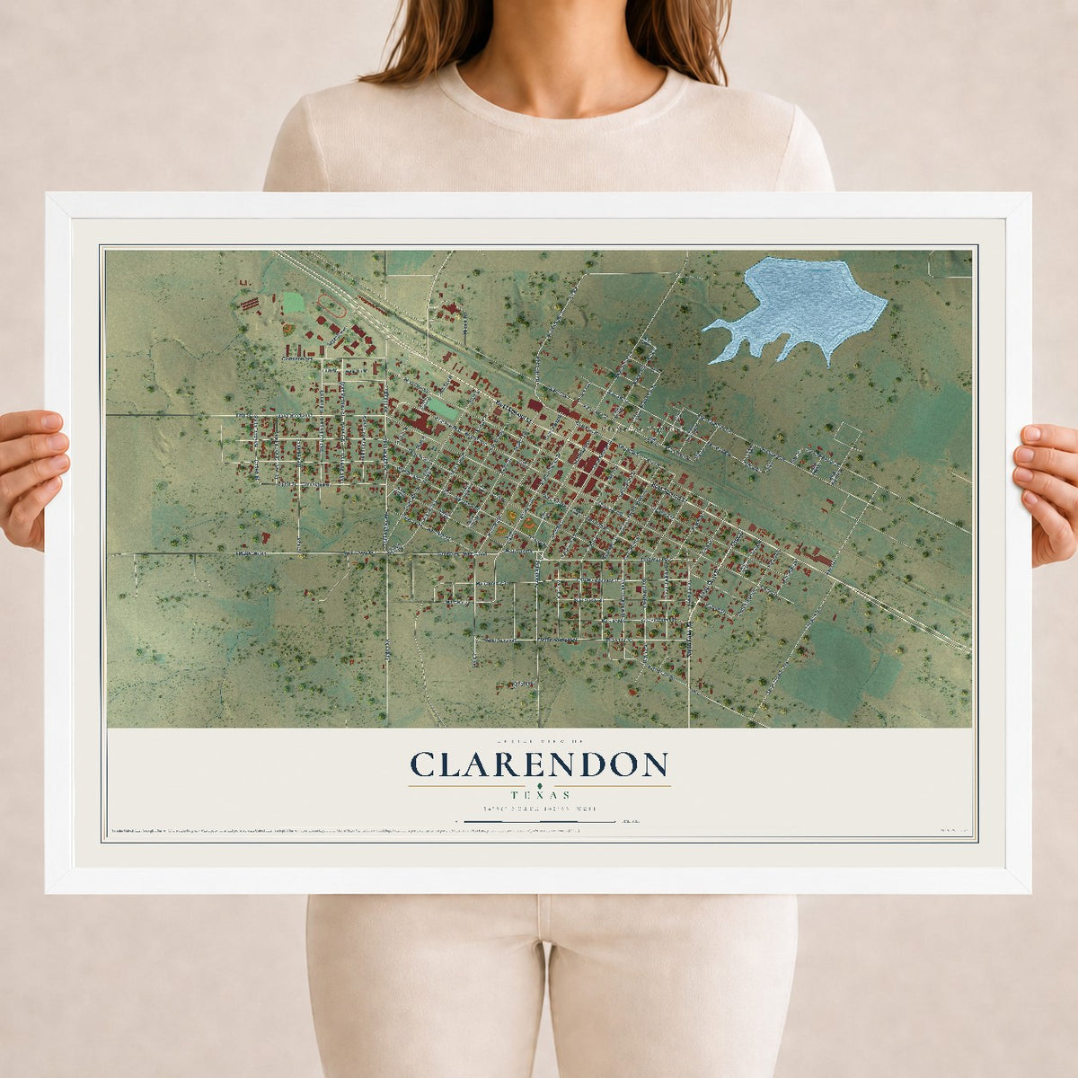 Map of Clarendon, Texas, 18 x 24 inch print in a white wood frame