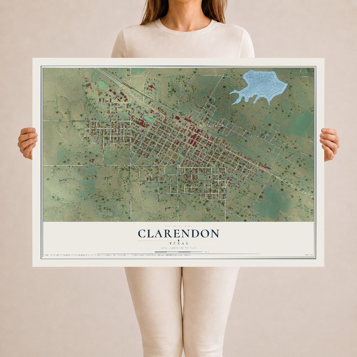 Map of Clarendon, Texas, 24 x 36 inch unframed archival matte print