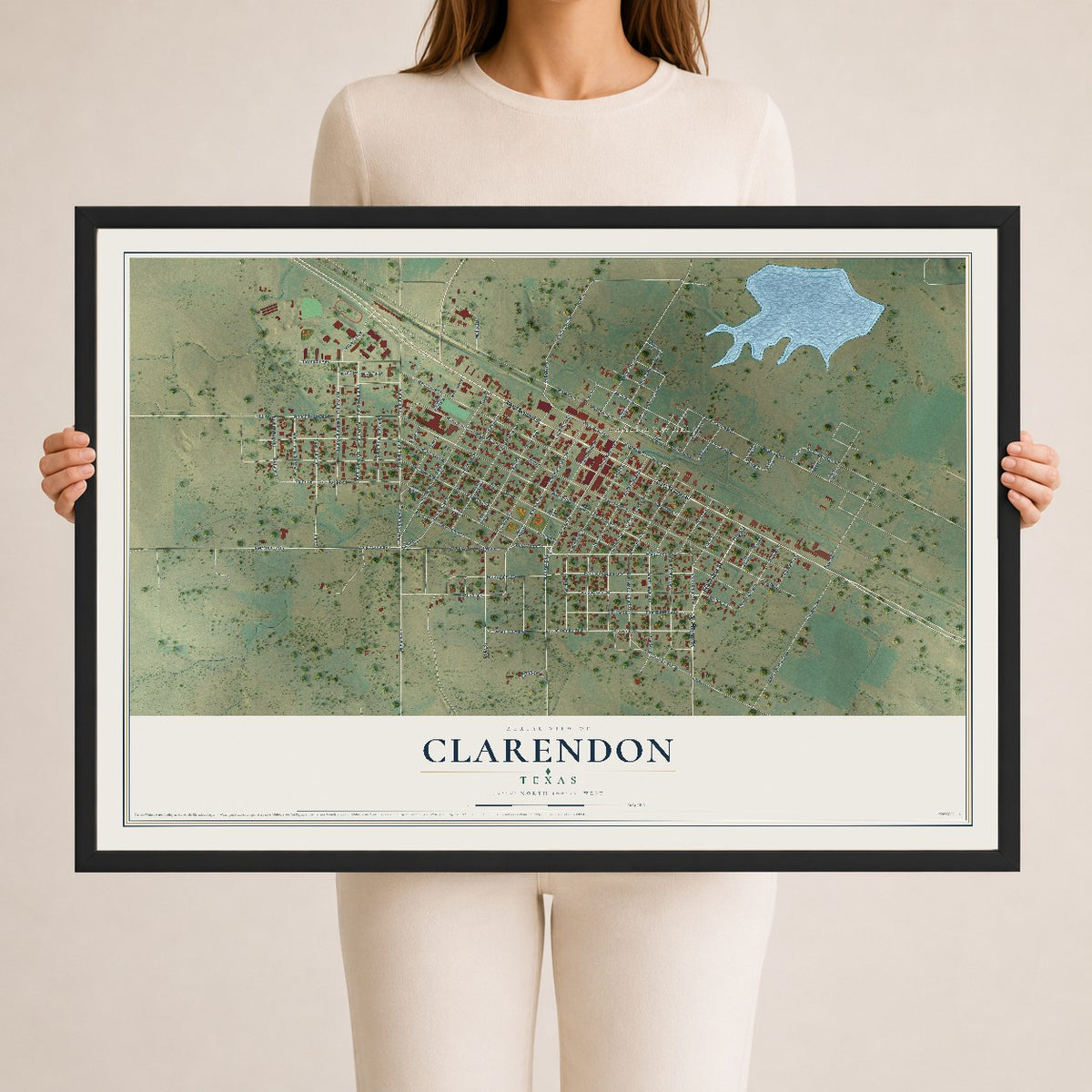 Map of Clarendon, Texas, 24 x 36 inch print in a black wood frame