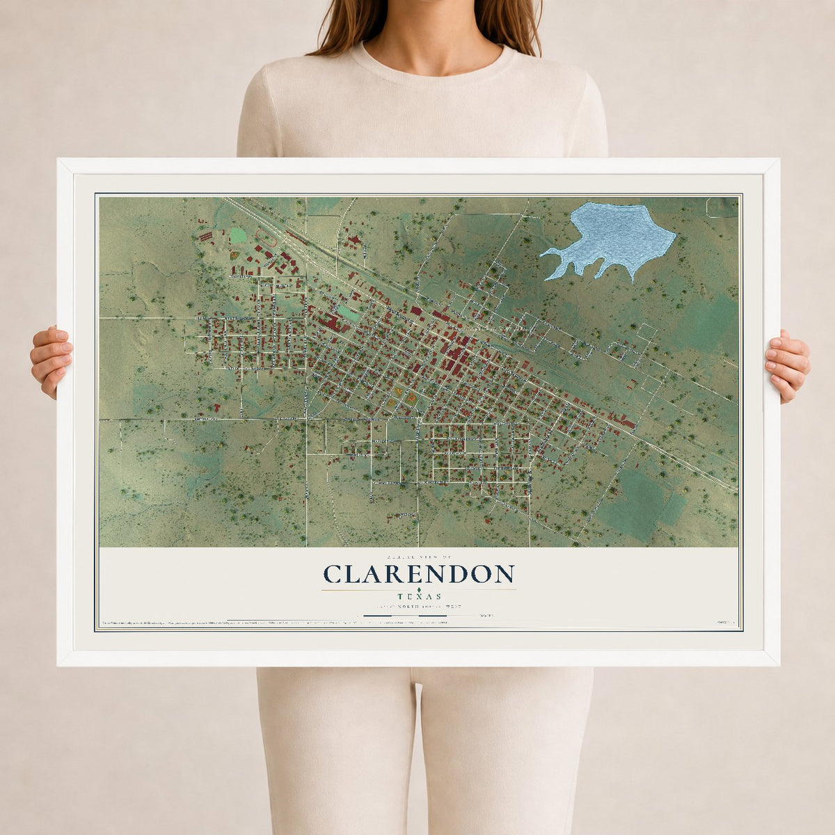 Map of Clarendon, Texas, 24 x 36 inch print in a white wood frame