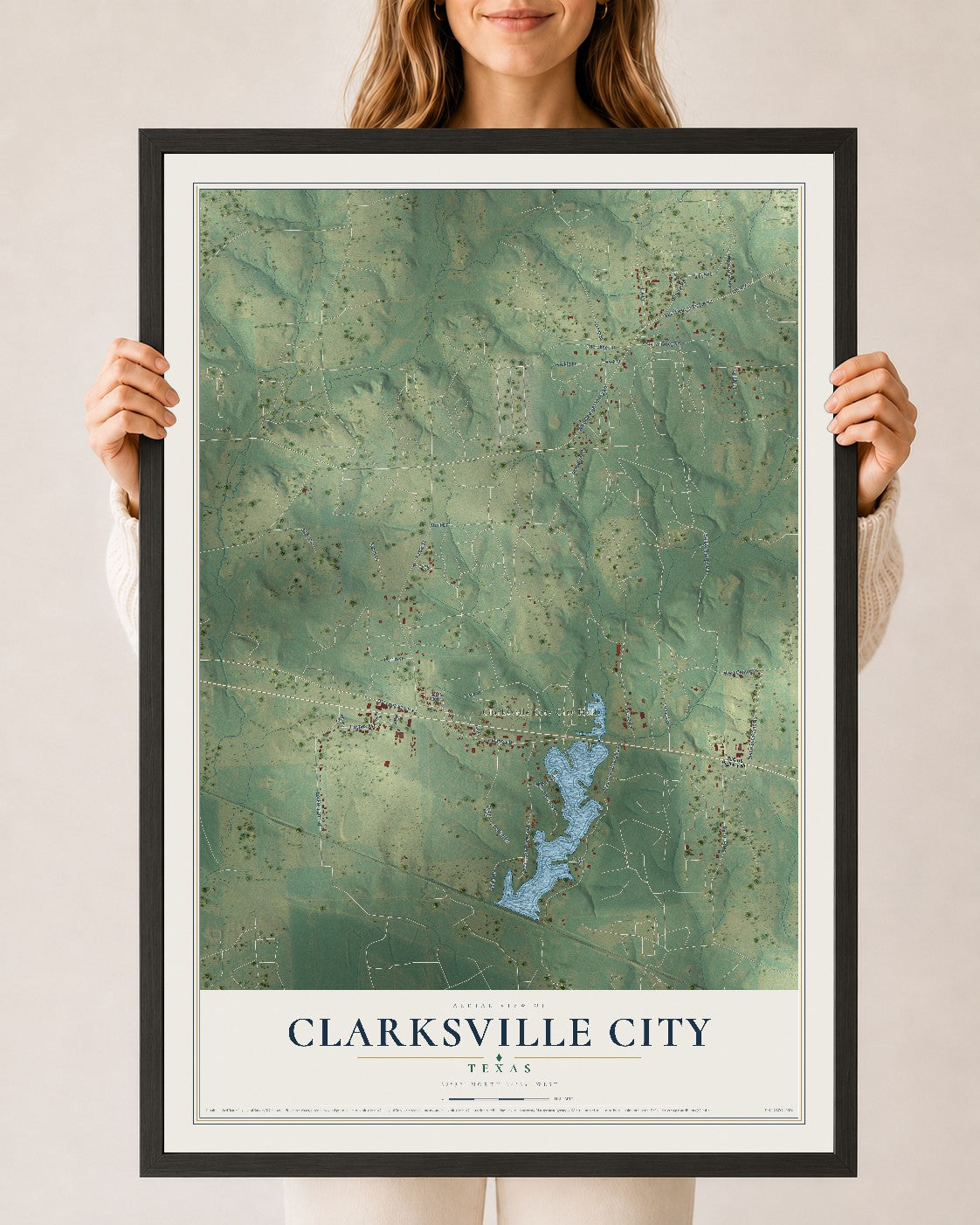 Map of Clarksville City, Texas, 24 x 36 inch print in a black wood frame