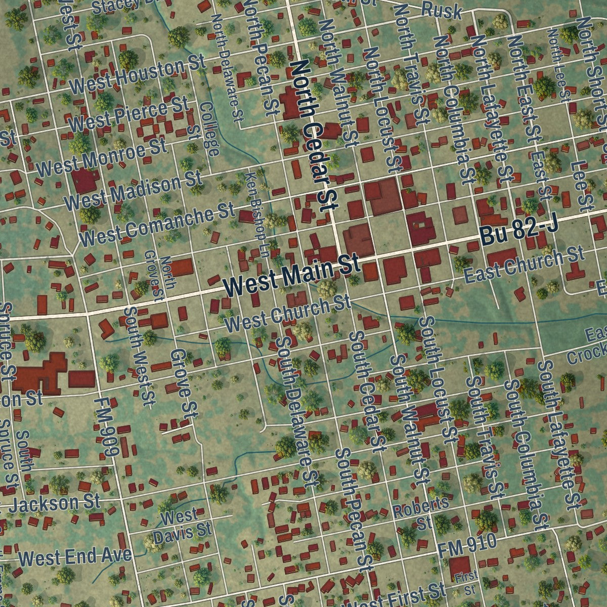 Close-up of the map of Clarksville, Texas print showing street and building detail