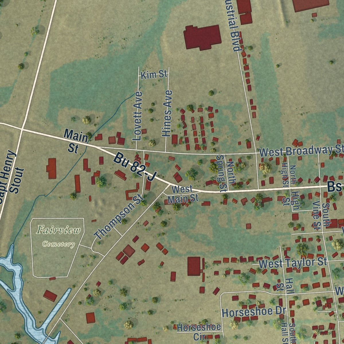 Second close-up of the map of Clarksville, Texas print showing more streets and buildings