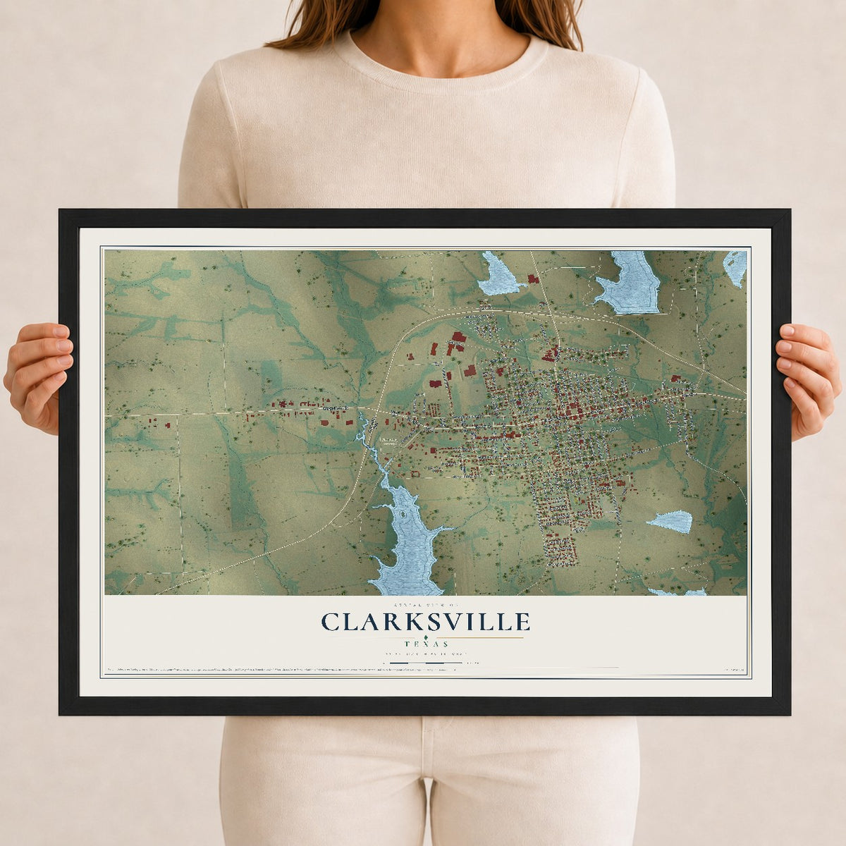 Map of Clarksville, Texas, 12 x 18 inch print in a black wood frame
