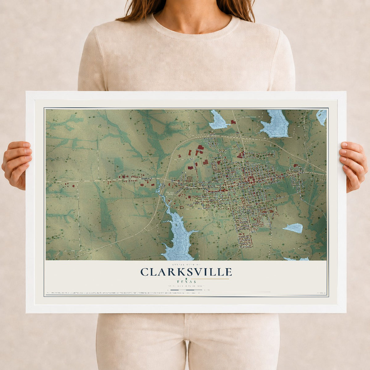 Map of Clarksville, Texas, 12 x 18 inch print in a white wood frame