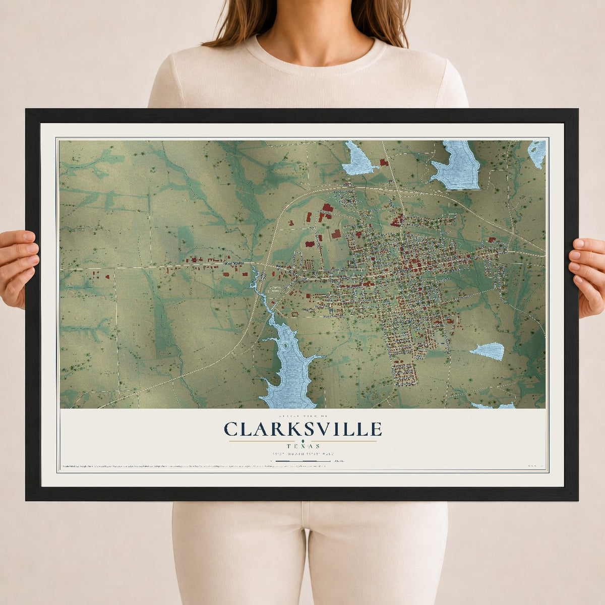 Map of Clarksville, Texas, 18 x 24 inch print in a black wood frame