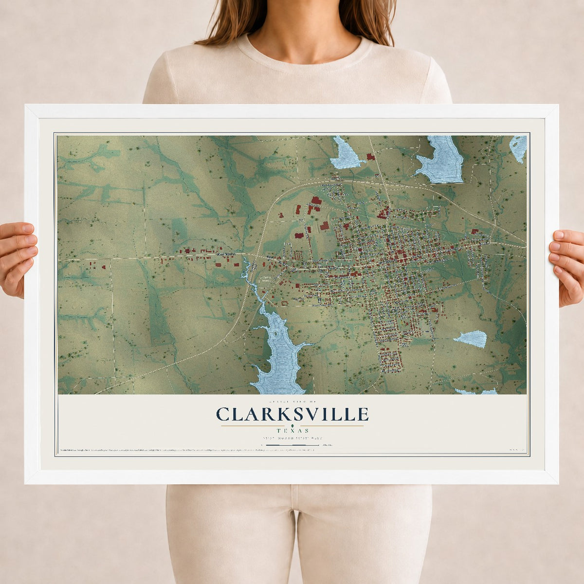 Map of Clarksville, Texas, 18 x 24 inch print in a white wood frame