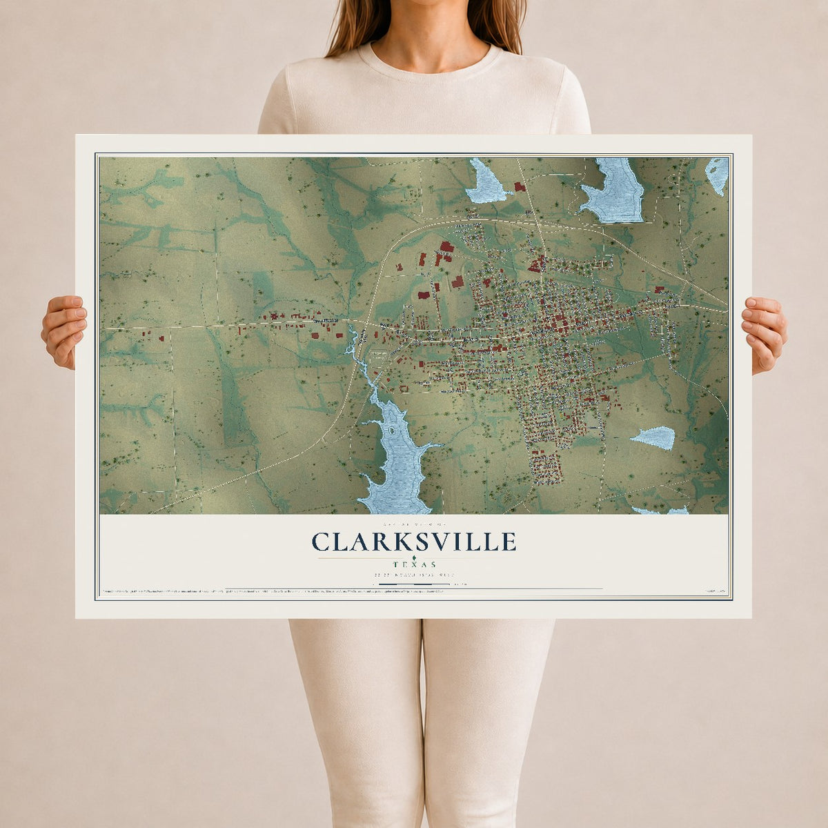 Map of Clarksville, Texas, 24 x 36 inch unframed archival matte print