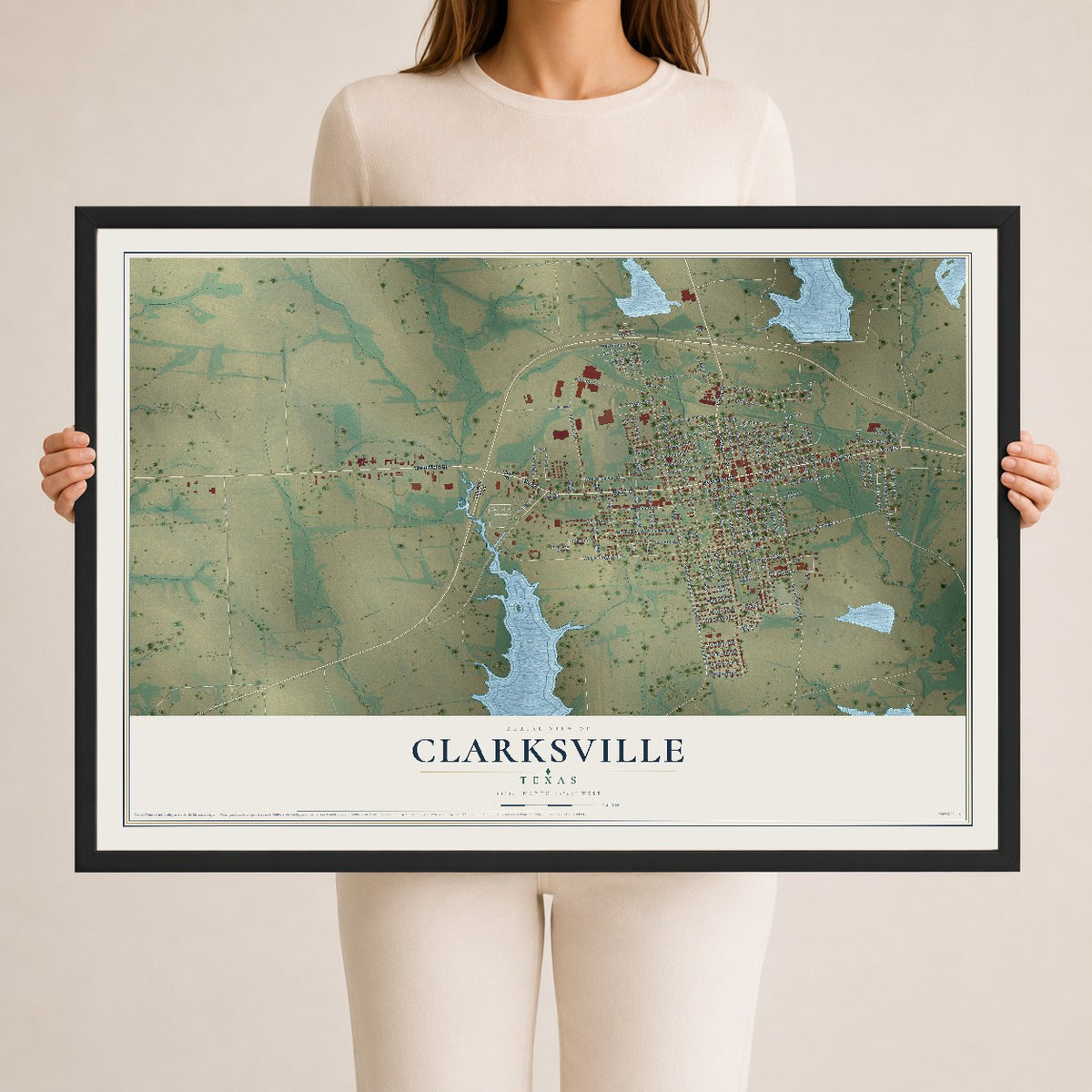 Map of Clarksville, Texas, 24 x 36 inch print in a black wood frame