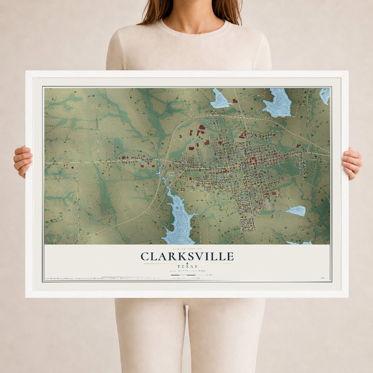 Map of Clarksville, Texas, 24 x 36 inch print in a white wood frame