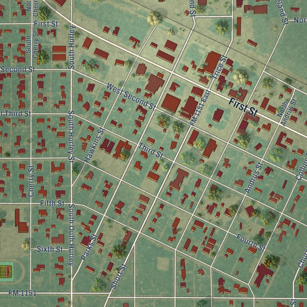 Close-up of the map of Claude, Texas print showing street and building detail