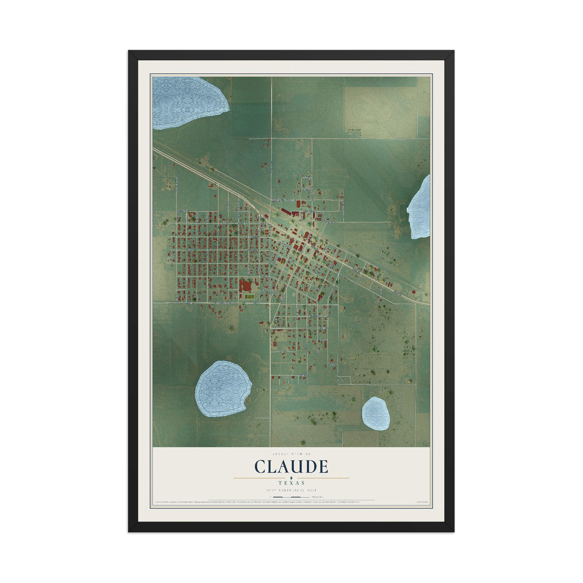 Map of Claude, Texas, 12 x 18 inch print in a black wood frame