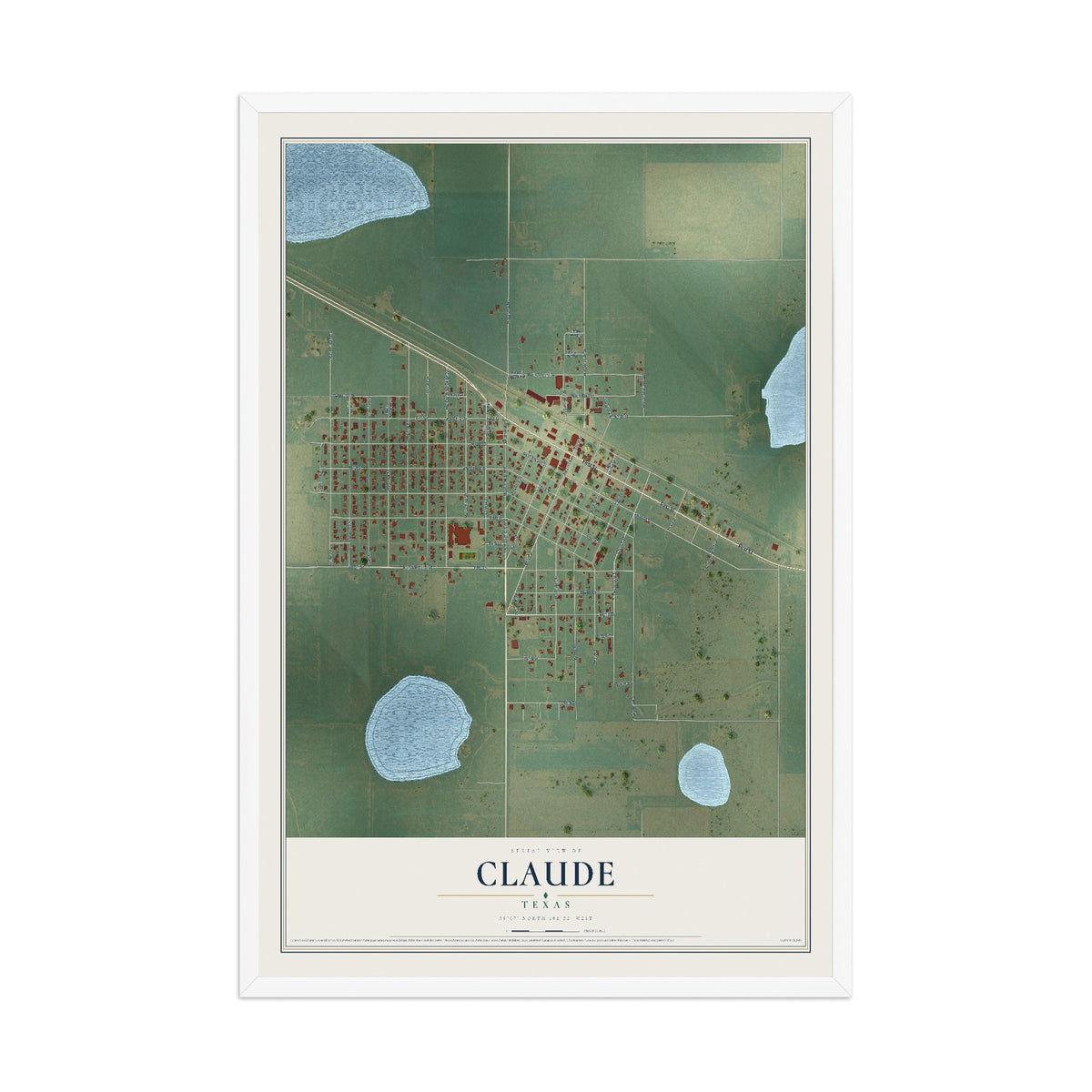 Map of Claude, Texas, 12 x 18 inch print in a white wood frame