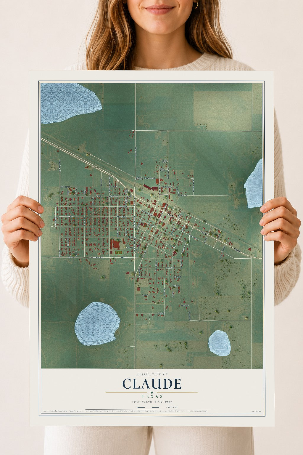 Map of Claude, Texas, 18 x 24 inch unframed archival matte print