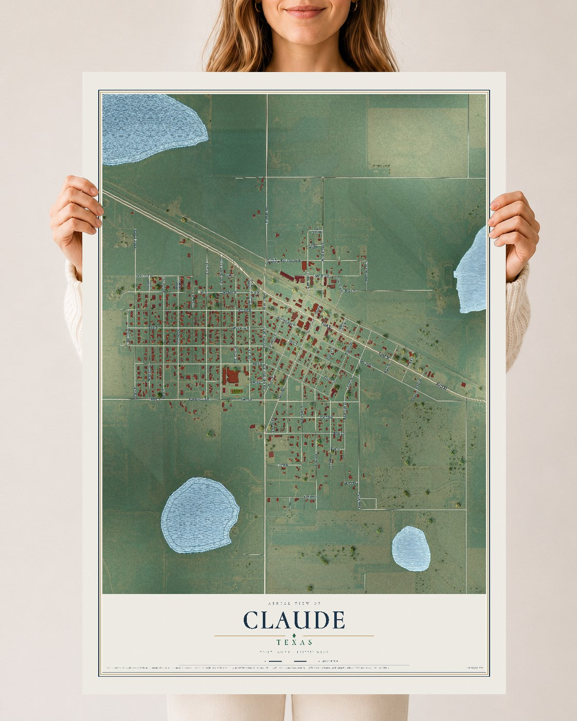 Map of Claude, Texas, 24 x 36 inch unframed archival matte print