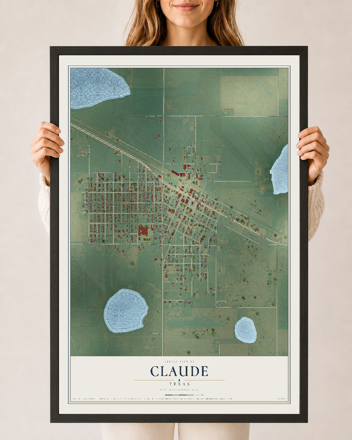 Map of Claude, Texas, 24 x 36 inch print in a black wood frame