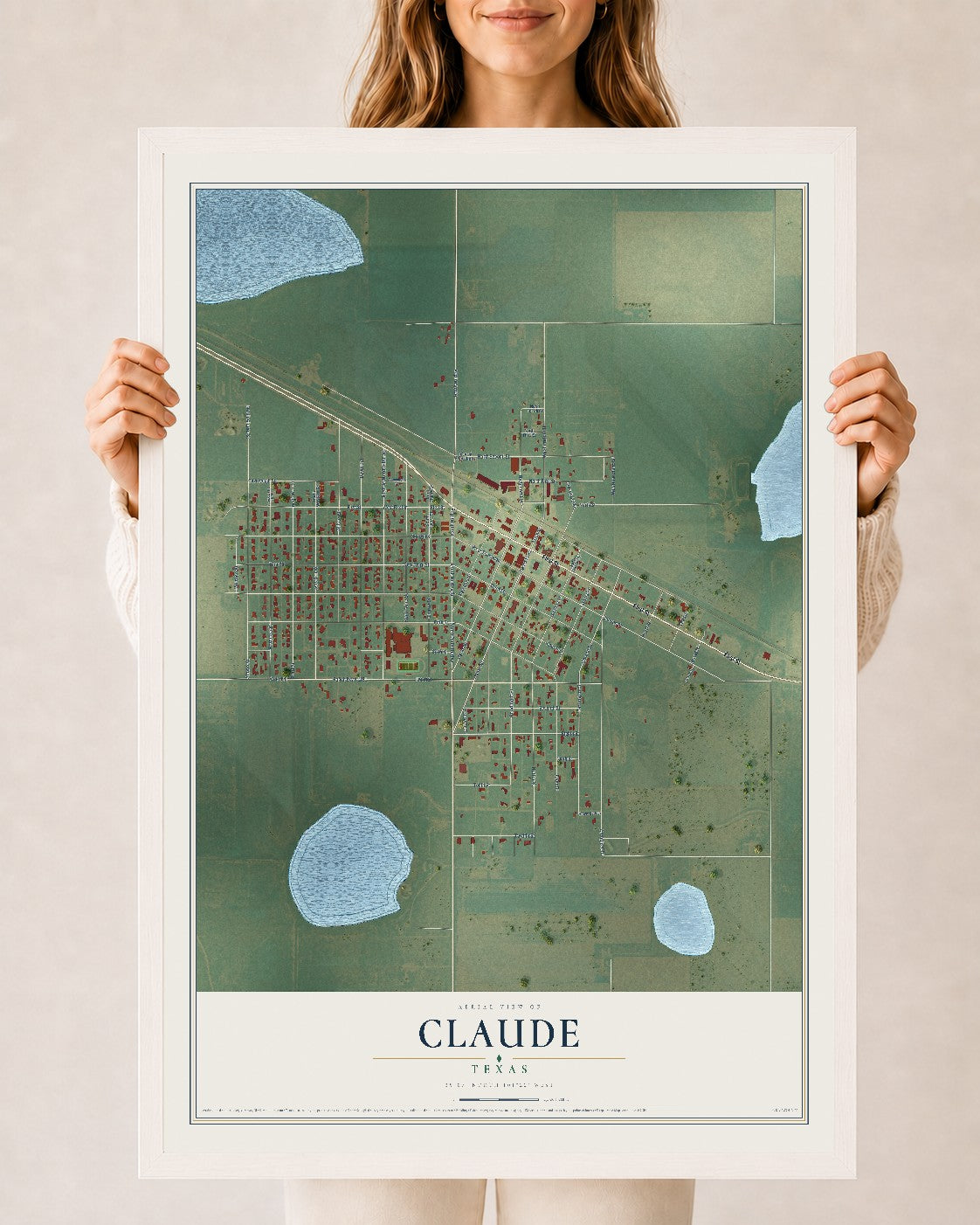 Map of Claude, Texas, 24 x 36 inch print in a white wood frame