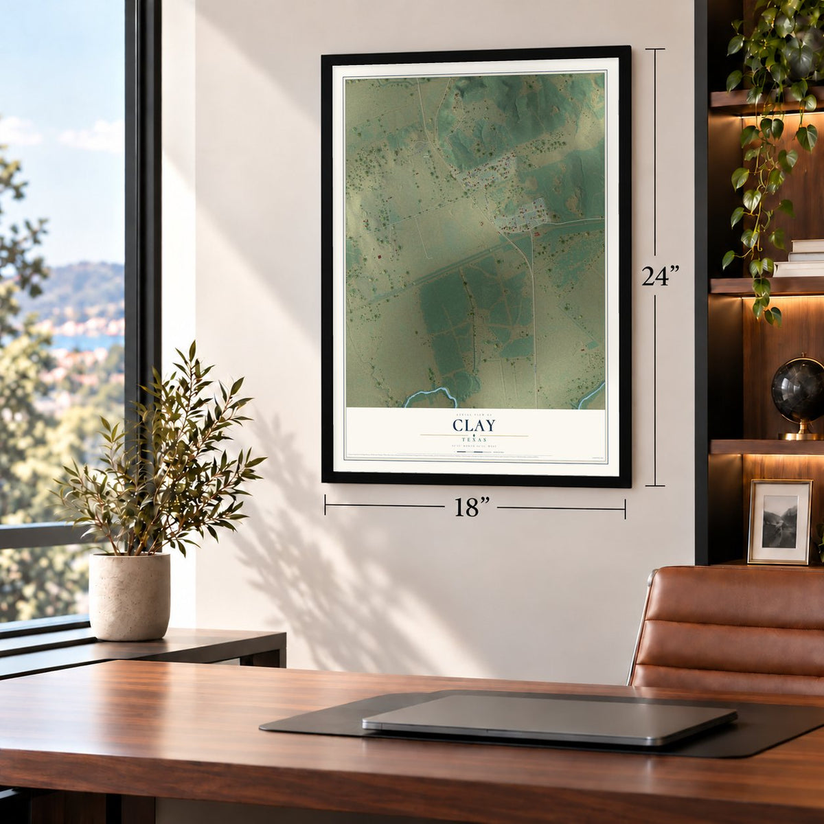 Clay, Texas map, 18 x 24 inch print in a black frame in a home office