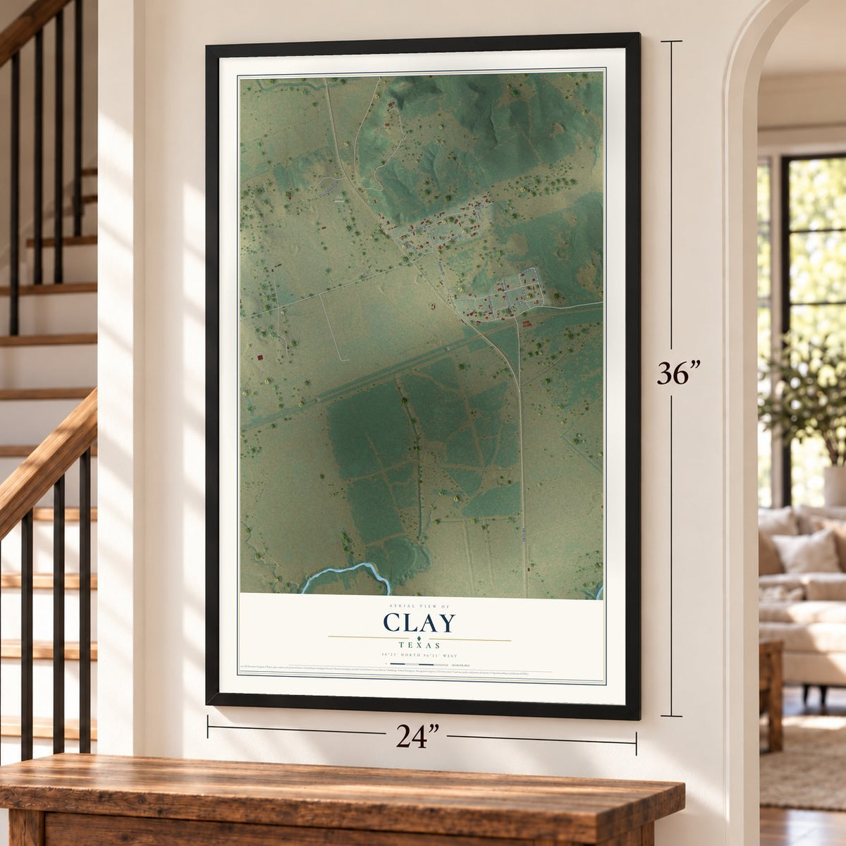 Clay, Texas map, 24 x 36 inch print in a black frame by a staircase