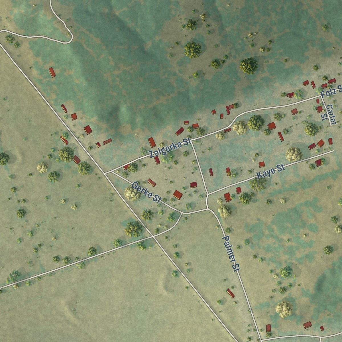 Close-up of the map of Clay, Texas print showing street and building detail