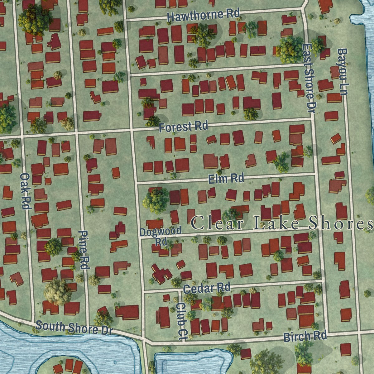 Close-up of the map of Clear Lake Shores, Texas print showing street and building detail
