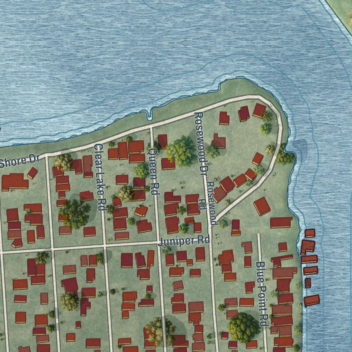Second close-up of the map of Clear Lake Shores, Texas print showing more streets and buildings
