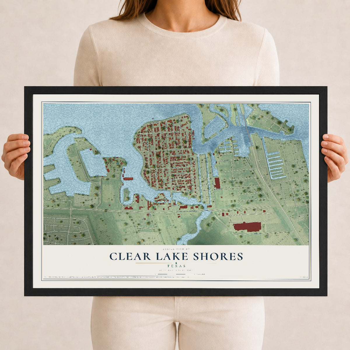 Map of Clear Lake Shores, Texas, 12 x 18 inch print in a black wood frame
