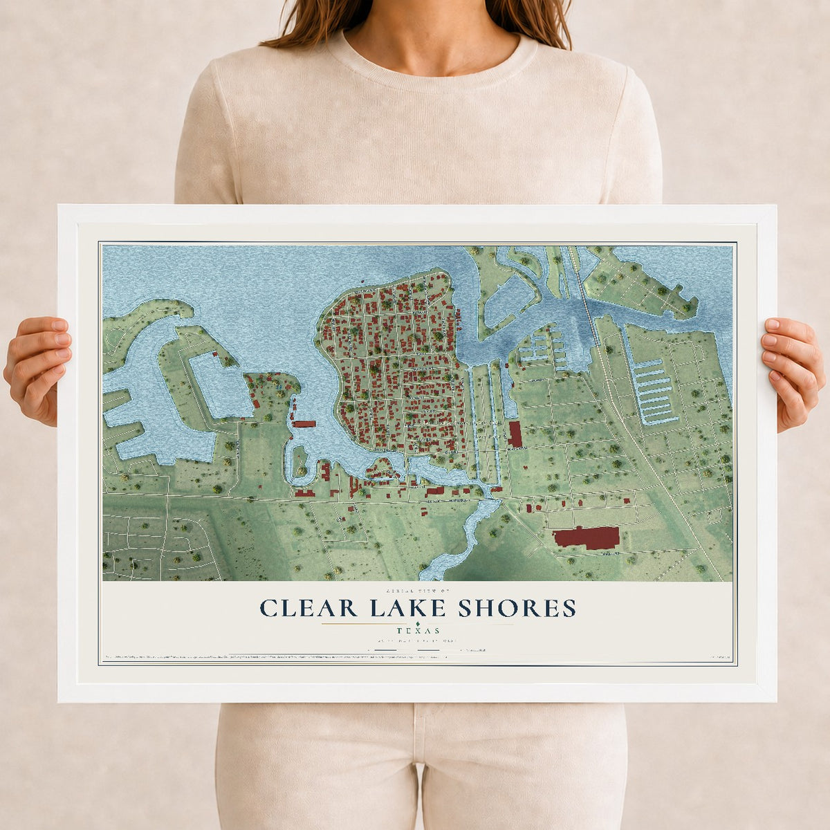 Map of Clear Lake Shores, Texas, 12 x 18 inch print in a white wood frame