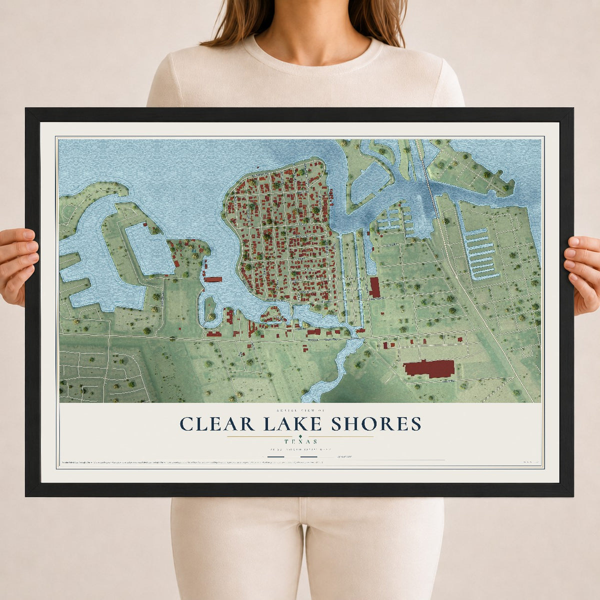 Map of Clear Lake Shores, Texas, 18 x 24 inch print in a black wood frame