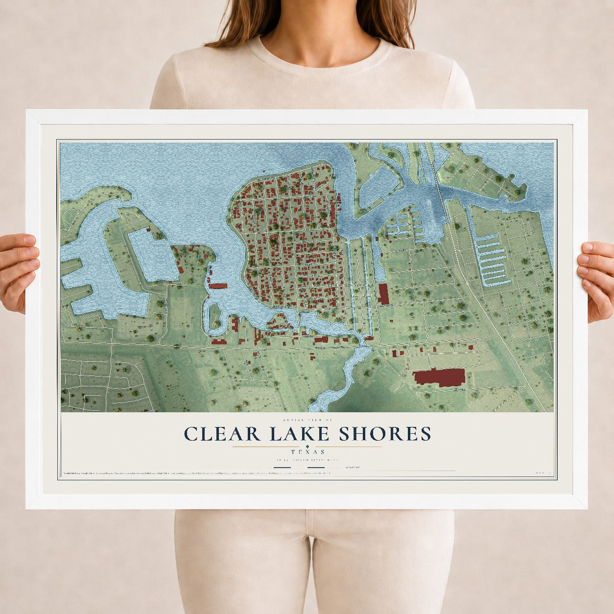 Map of Clear Lake Shores, Texas, 18 x 24 inch print in a white wood frame