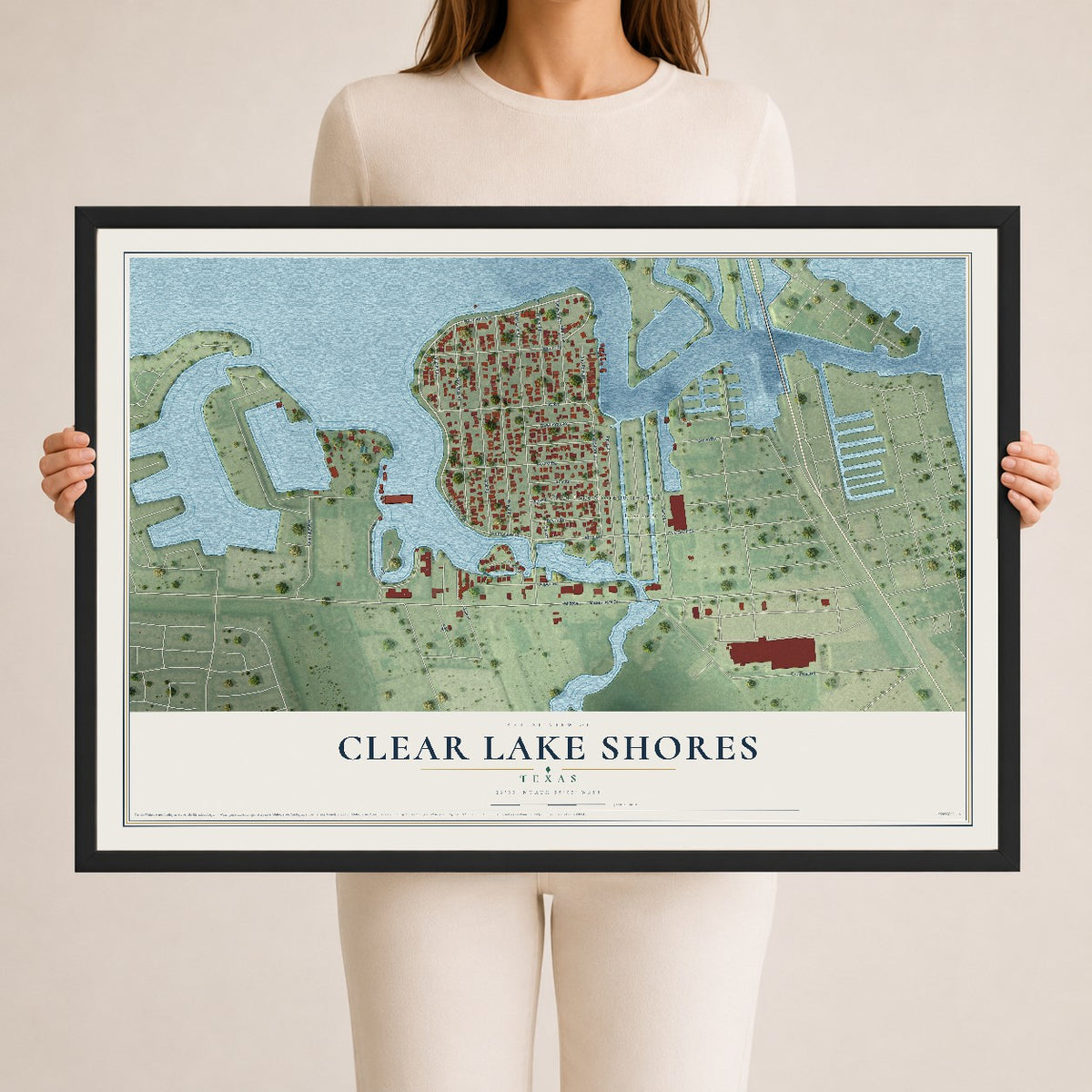 Map of Clear Lake Shores, Texas, 24 x 36 inch print in a black wood frame