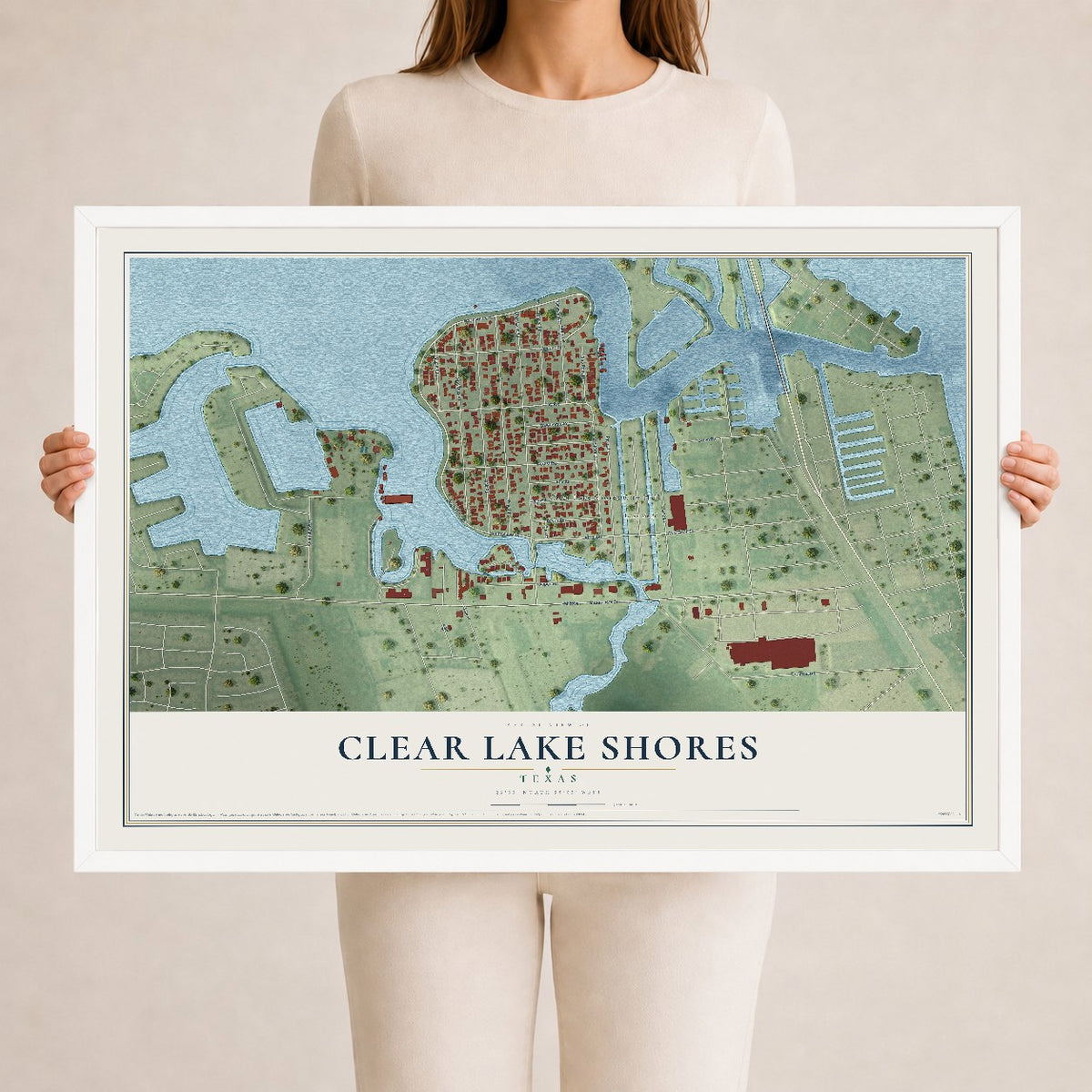 Map of Clear Lake Shores, Texas, 24 x 36 inch print in a white wood frame