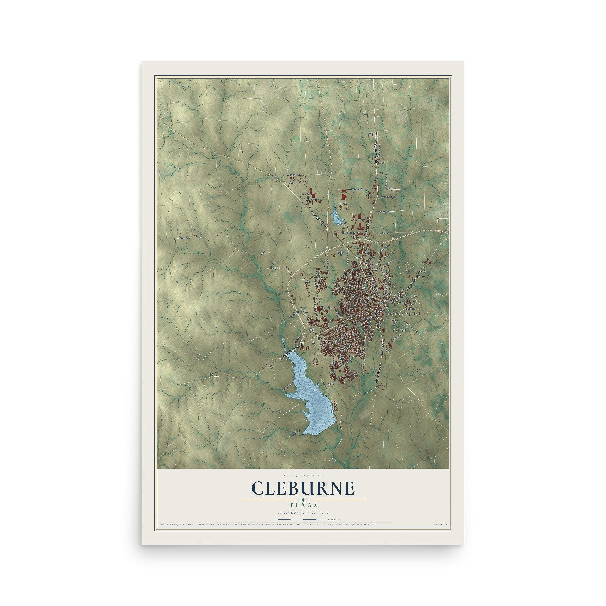 Map of Cleburne, Texas, 12 x 18 inch unframed archival matte print