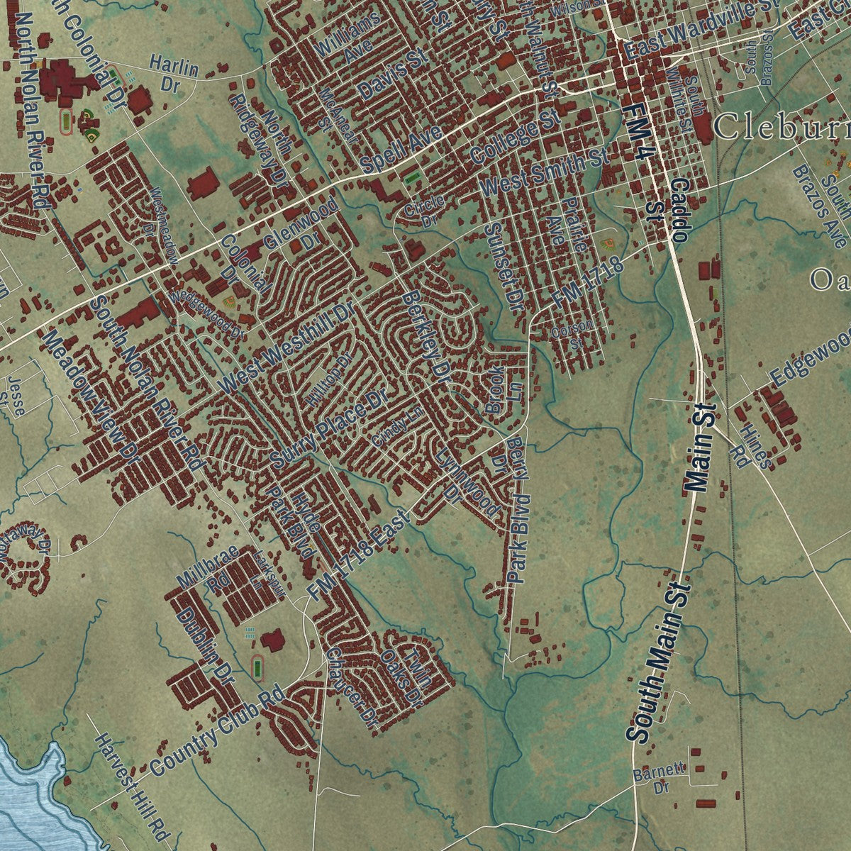 Close-up of the map of Cleburne, Texas print showing street and building detail