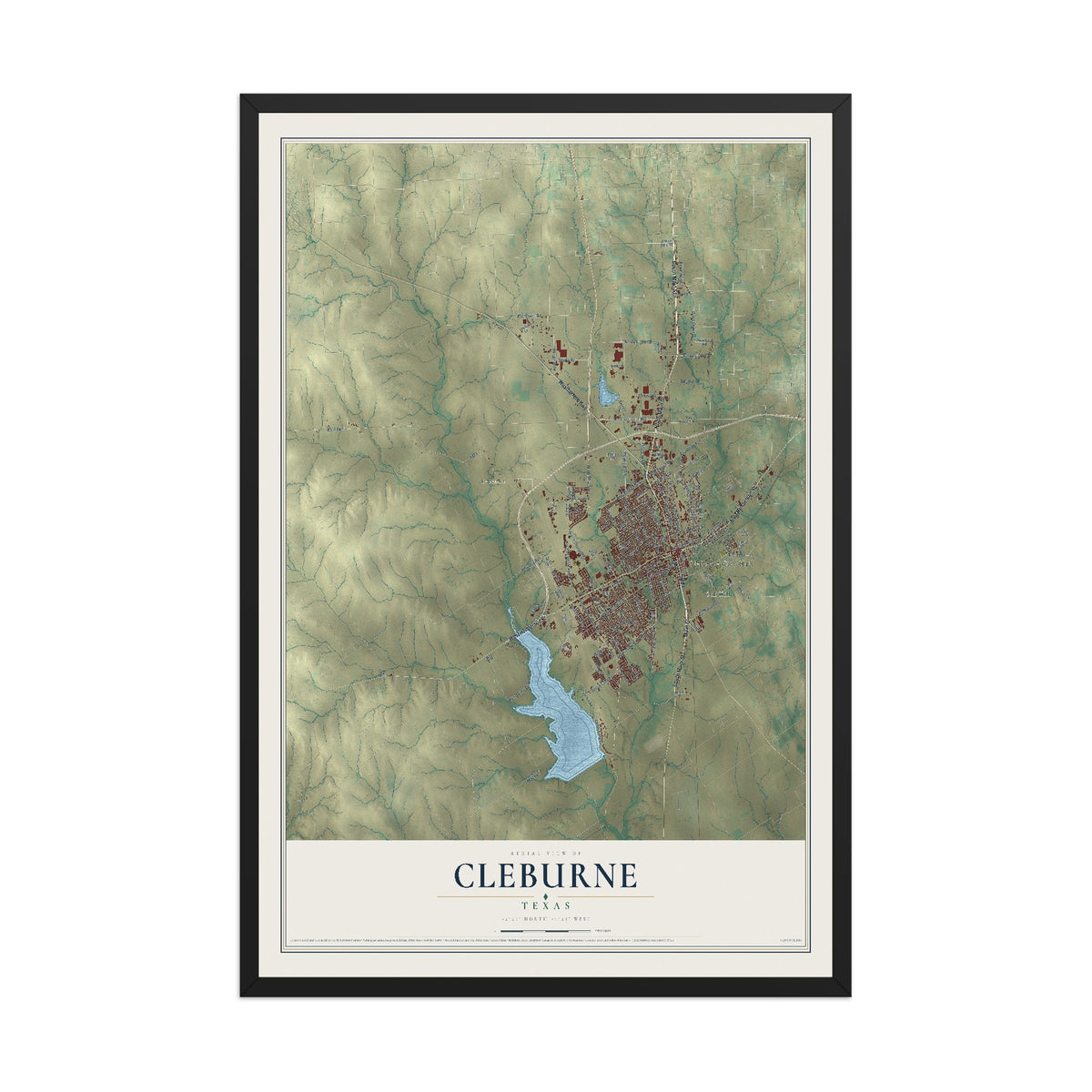 Map of Cleburne, Texas, 12 x 18 inch print in a black wood frame