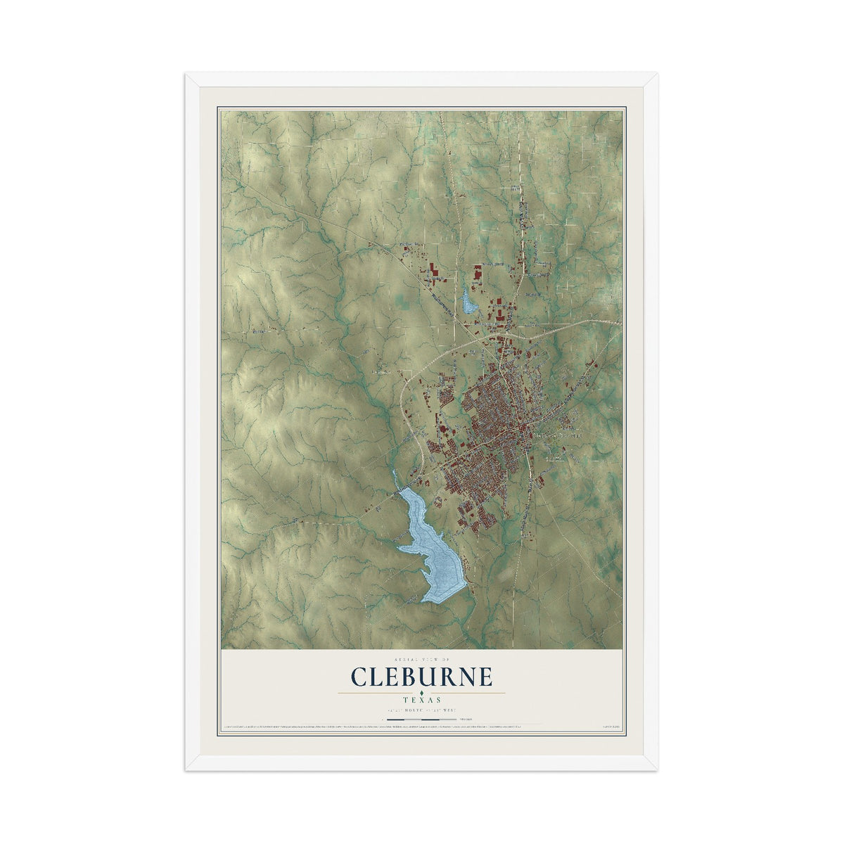 Map of Cleburne, Texas, 12 x 18 inch print in a white wood frame