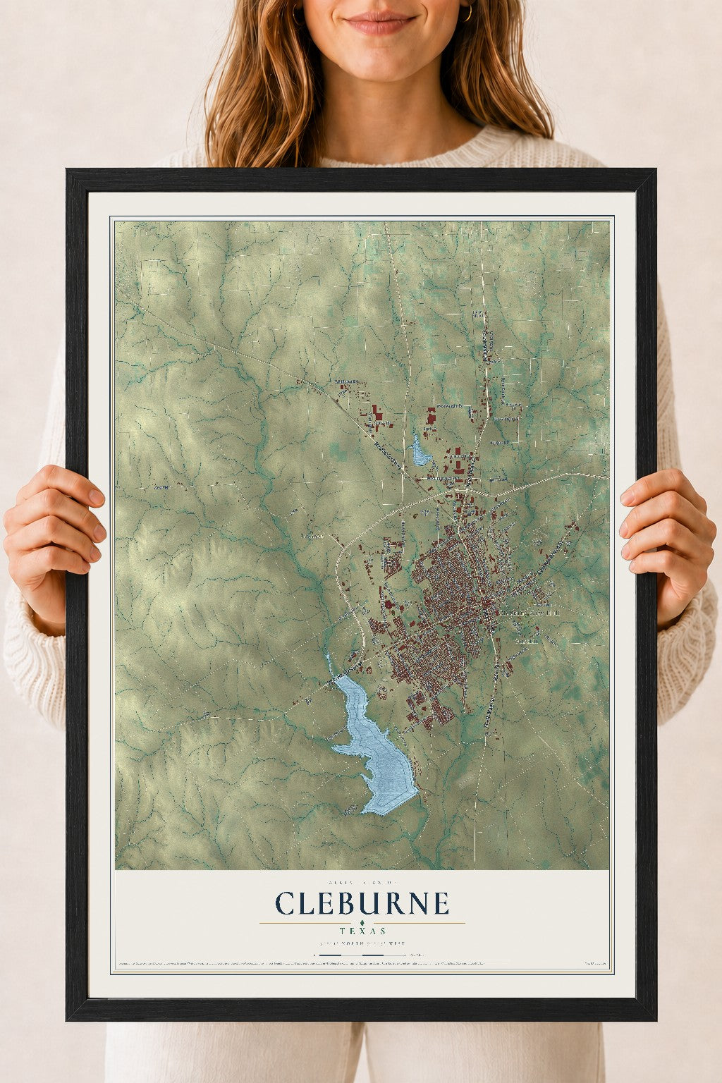 Map of Cleburne, Texas, 18 x 24 inch print in a black wood frame