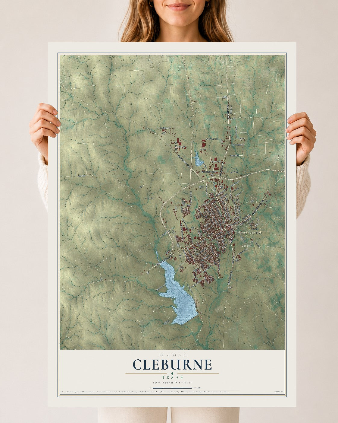 Map of Cleburne, Texas, 24 x 36 inch unframed archival matte print