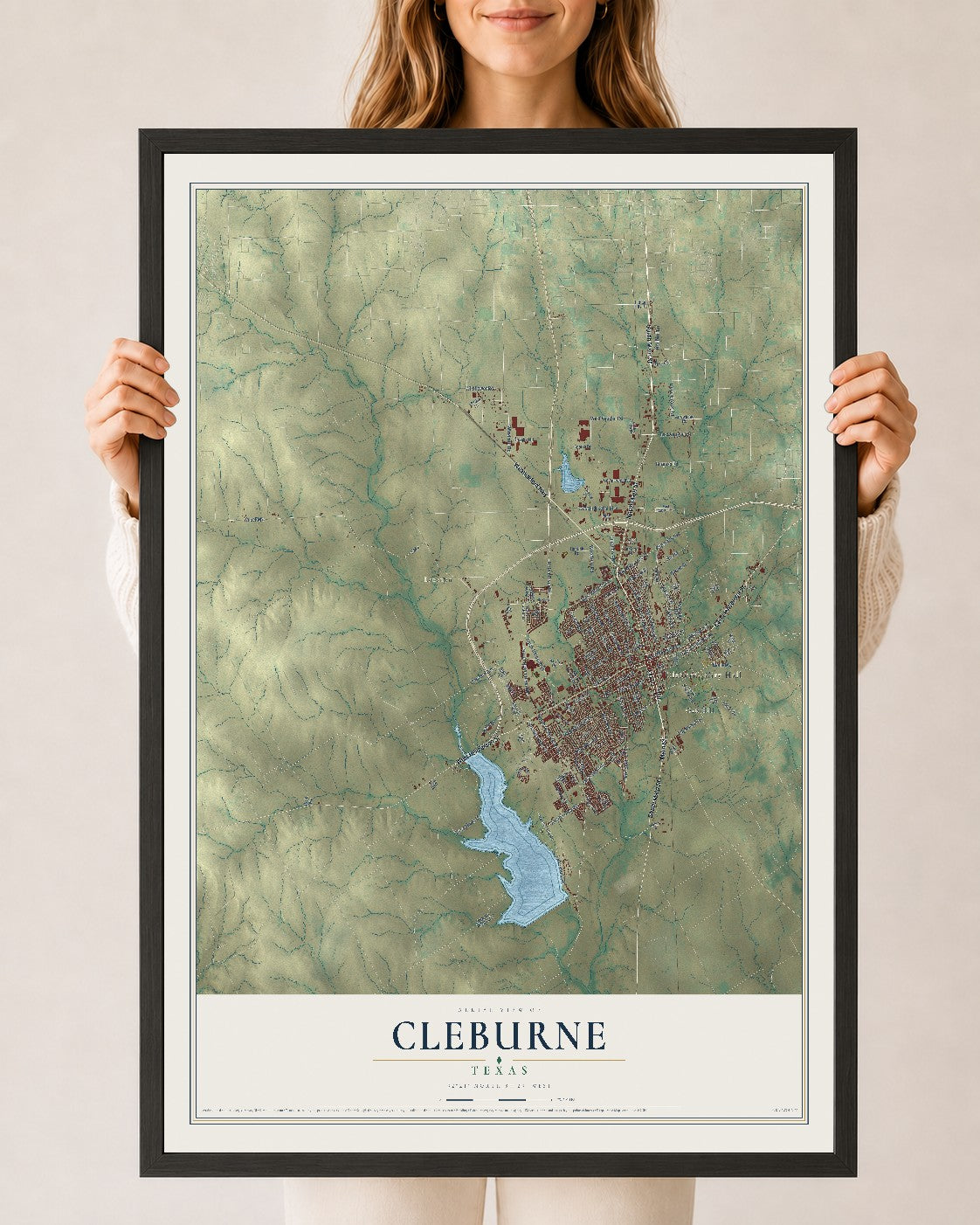 Map of Cleburne, Texas, 24 x 36 inch print in a black wood frame
