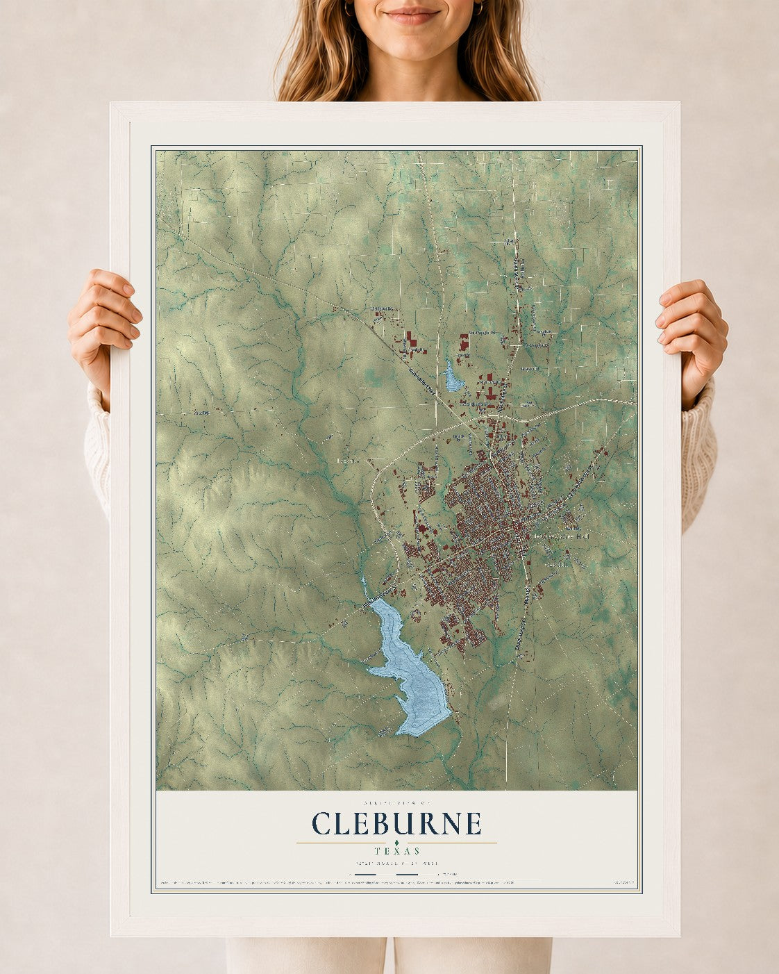 Map of Cleburne, Texas, 24 x 36 inch print in a white wood frame