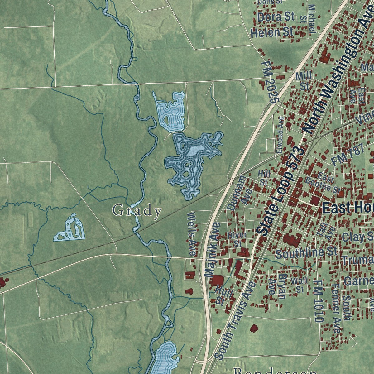 Close-up of the map of Cleveland, Texas print showing street and building detail