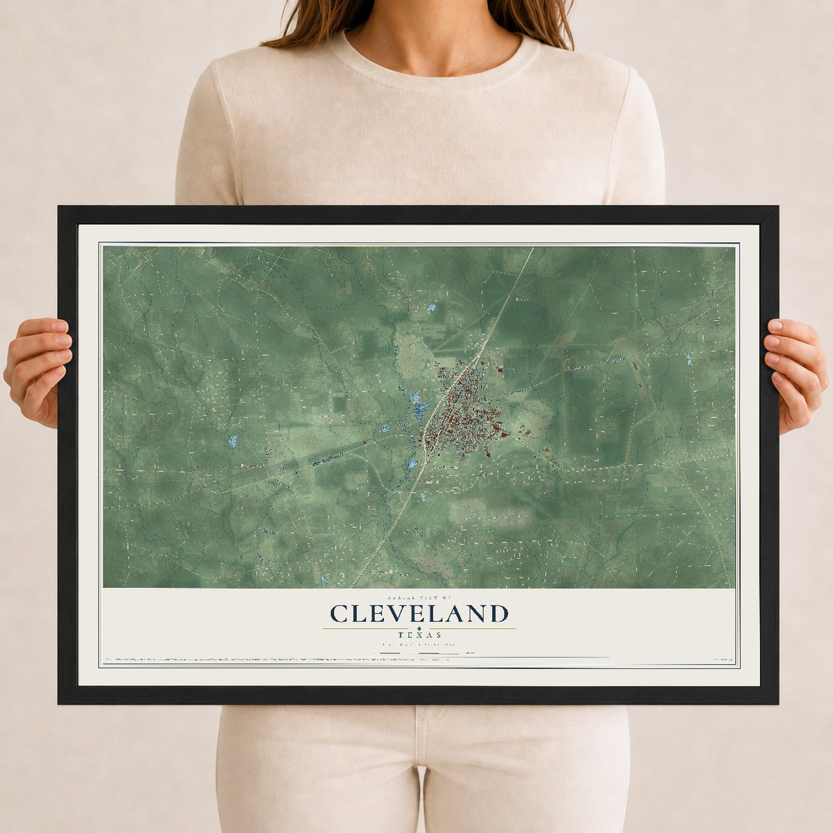 Map of Cleveland, Texas, 12 x 18 inch print in a black wood frame